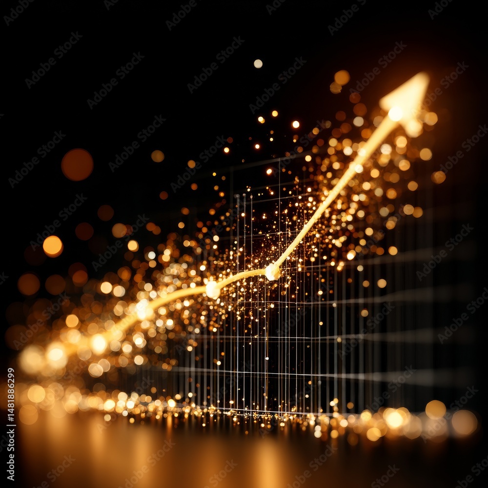 Poster golden growth: an illuminated arrow ascending on a graph, symbolizing success and progress on a dark