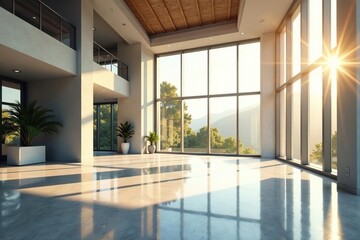 Fototapeta premium Sunlit modern building interior, showcasing large windows, bright, ambient, natural light