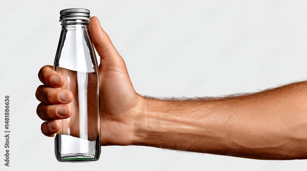 Poster hand holding a clear bottle. the bottle is made of glass and is empty. the hand is positioned in a w
