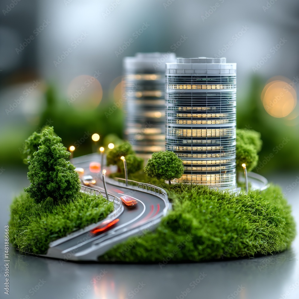 Poster miniature cityscape: a verdant oasis with modern buildings and flowing traffic in a macro world