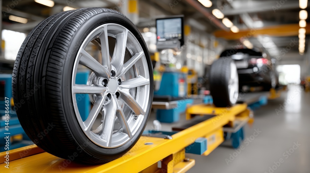Poster tire is on a yellow table in a factory. the tire is shiny and new. the factory is busy and has many 
