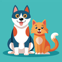 Playful dog and cat duo sitting together in a cheerful flat design style vector art 