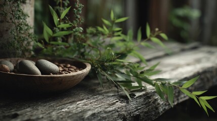 Serene Stones and Greenery: A Rustic Still Life