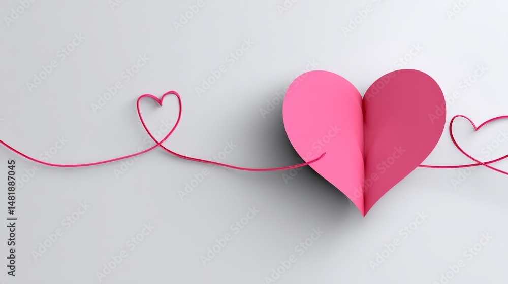 Poster heart is tied to a string and is surrounded by two other hearts. the heart is pink and the string is