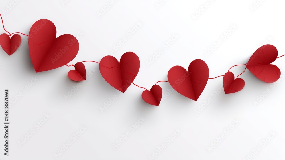 Poster red heart chain hangs on a white background. the hearts are all different sizes and are arranged in 