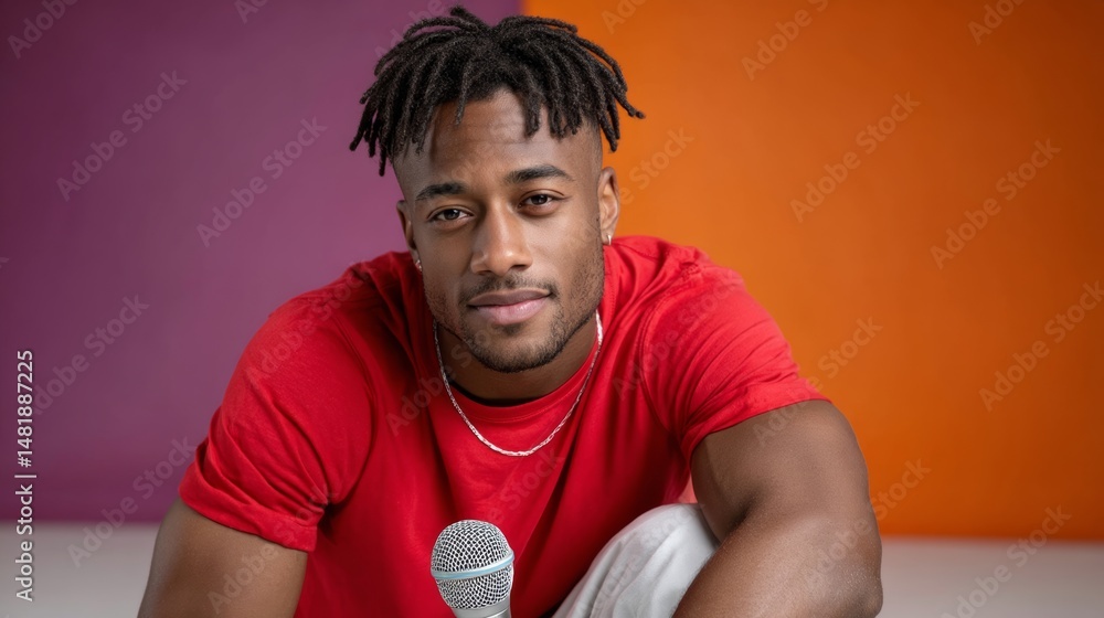 Aufkleber man in a red shirt is sitting on the floor with a microphone in front of him. he is smiling and look