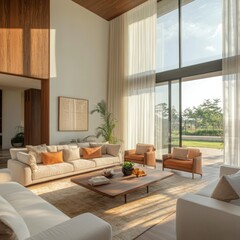 Fototapeta premium Modern Living Room with Large Windows and Outdoor View