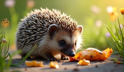 Meadow Pollution – Hedgehog Interacting with Discarded Wrapper"
