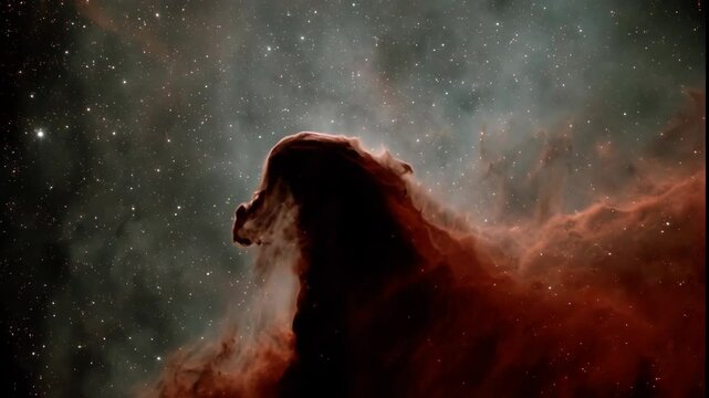 Dramatic dark nebula in deep space with stars, brown and gray gases, interstellar cloud in horse head shape, astronomy concept.