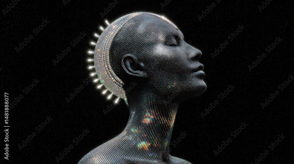 Aufkleber captivating close-up of a futuristic android figure featuring intricate dot patterns with radiant hi