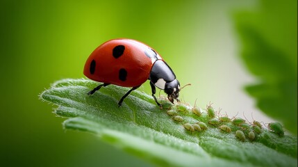 Fototapeta premium Ladybug is eating a leaf. The ladybug is red and black. The leaf is green