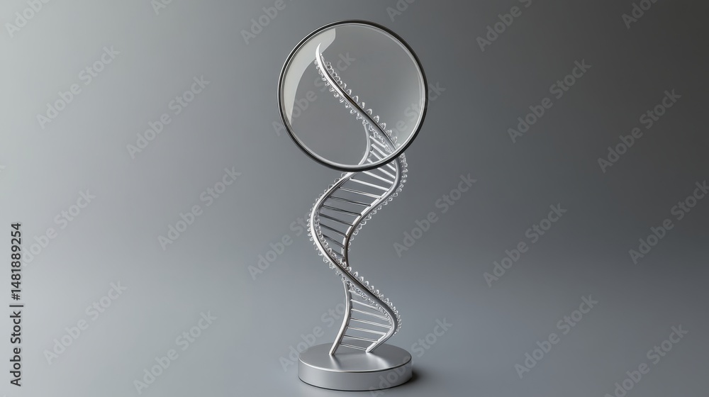 Poster magnifying glass focused on detailed double helix dna structure on neutral grey background for scien