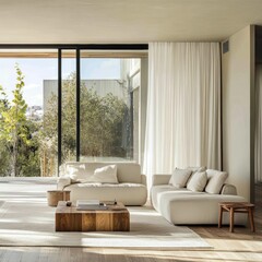 Fototapeta premium Modern Living Room with Large Windows and Outdoor View
