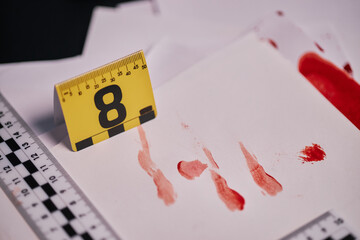 Blood stains and measurement tools found at crime scene. Evidence marked with number eight and...