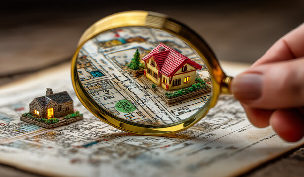 Photo of a person holding a magnifying glass over a real estate map with a house model on it, representing a property for sale in the West Bangkok Minatongde hills