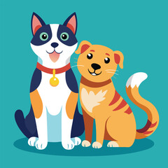 Playful dog and cat duo sitting together in a cheerful flat design style vector art 