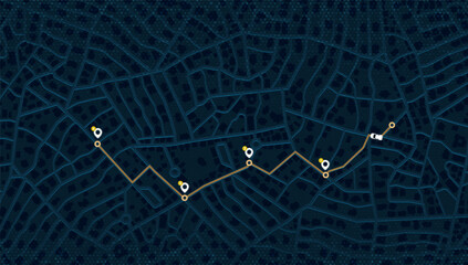 GPS navigation to pins and multiple markers on route. Cty map featuring directional signs, an intended goal point. Abstract plan highlights. Vector illustration
