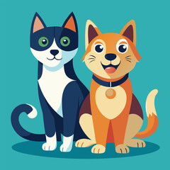Playful dog and cat duo sitting together in a cheerful flat design style vector art 