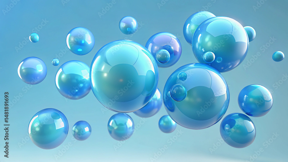 Poster light blue floating bubbles in transparent abstract 3d background