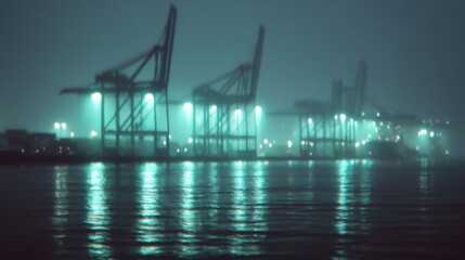 Obraz premium Misty Marina Scene with Industrial Cranes at Night Evoking a Sense of Mystery and Futuristic Urban Aesthetics Reflected in Calm Water Surface captured with clarity