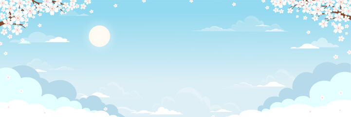 Sky,Cloud with Sun and Spring Flower on Blue Background,Horizon Summer Clear Sky with white cloudy layers,Vector landscape nature sunrise,pink cherry blossom branches for Spring banner