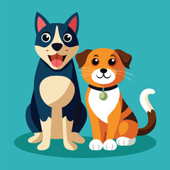 Playful dog and cat duo sitting together in a cheerful flat design style vector art 
