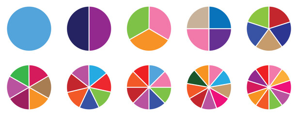 Circle diagram, pie chart infographic design. Flat process cycle. Progress sectors. business elements and statistics with numbers. Colorful diagram collection with, 1 to 10 sections.