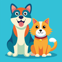 Playful dog and cat duo sitting together in a cheerful flat design style vector art 