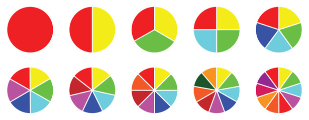 Fototapeta premium Circle pie chart diagram. 2,3,4,5,6,7,8,9,10, sections or steps. Colorful Pie chart set. Pie chart circle. Flat process cycle. Progress sectors