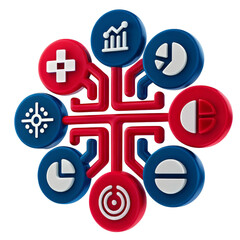 A circular arrangement of colorful icons representing various data charts and analytics symbols.