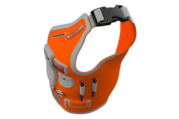High-Visibility Orange Multipurpose Vest with Gray Accents and Multiple Pockets, MULTIPURPOSE VEST CLOTH JACKET POCKET FOR ENGINEER SAFETY, with Various Compartments and Attachment Points on a PNG