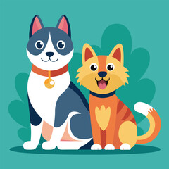 Playful dog and cat duo sitting together in a cheerful flat design style vector art 