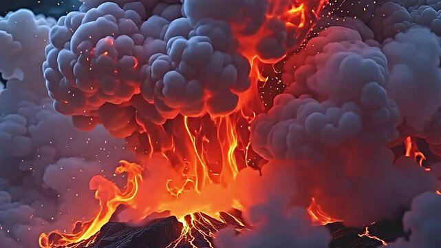 dramatic vivid scene of volcanic eruption. fiery orange red lava flows vividly contrasted against dark swirling clouds of ash smoke that envelop erupting volcano. intense heat energy of...
