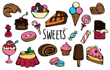 Sweets. Set of color vector elements for stickers, prints, icons, books. Hand drawn cartoon illustrations