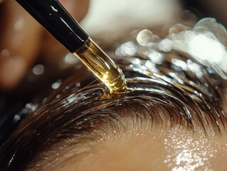 Close-up of nourishing scalp serum being applied, intricate detail, and glowing textures