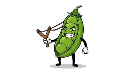 Pea pod cartoon character holding slingshot