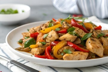 Colorful Chicken Stir-Fry with Bell Peppers and Chili on White Plate with Gray Linen Background