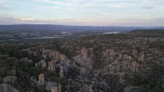 Rocky formations and trees in valle de los monjes, chihuahua, mexico, aerial view