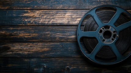 Obraz premium A vintage film reel rests on a dark wooden table.
