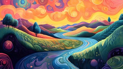Psychedelic Landscape with Swirling Clouds, Vivid Mountains, Trees, and Winding River