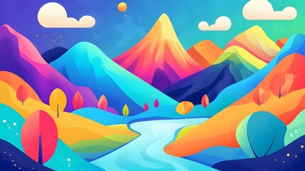 Psychedelic Landscape with Swirling Clouds, Vivid Mountains, Trees, and Winding River
