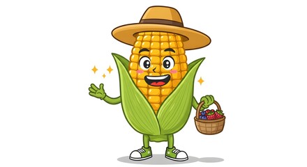 Happy Corn Character Waving and Holding Berry Basket