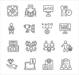 Business company Icon set. Management icon set. Contains symbol of success, data, reward, work, money, employee, businessman, target, finance, lunchtime, shop, meeting, education. Vector illustration