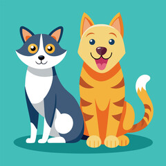 Playful dog and cat duo sitting together in a cheerful flat design style vector art 