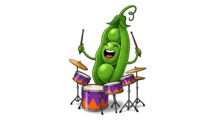Whimsical illustration of a pea pod playing drums on white background