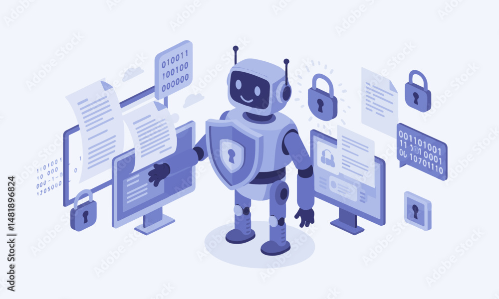 Poster ai-powered cybersecurity guardian illustration. illustration of an ai robot acting as a cybersecurit