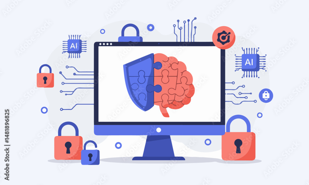 Aufkleber illustration of artificial intelligence: puzzle brain on computer, surrounded by tech elements and p