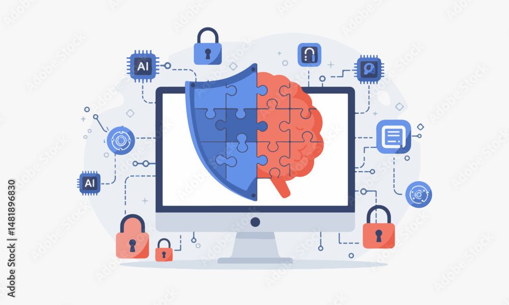 Aufkleber illustration of artificial intelligence: puzzle brain on computer, surrounded by tech elements and p