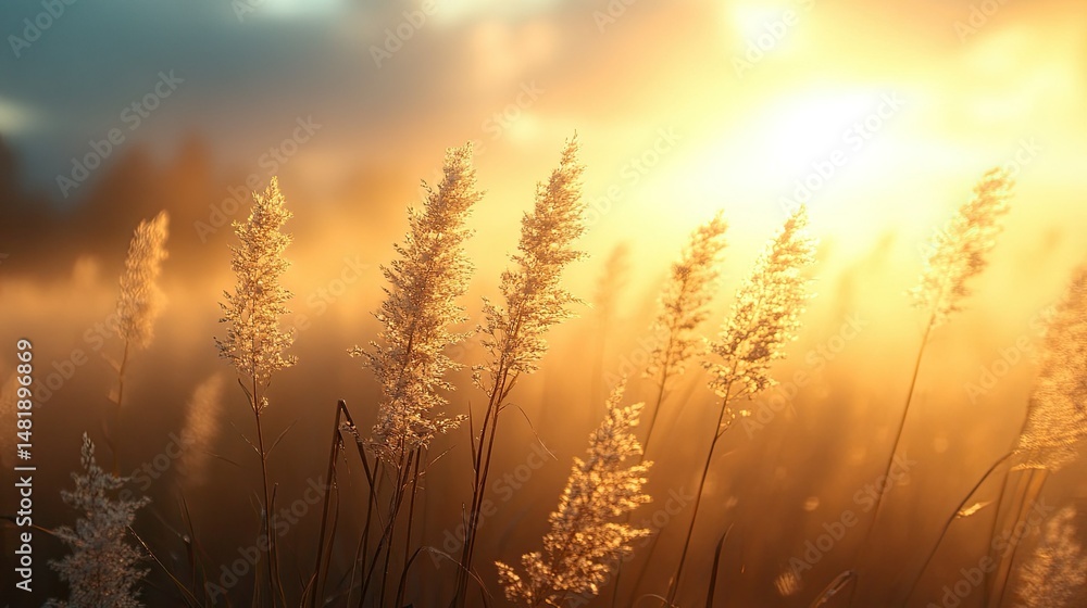 Poster golden hour illuminates tall grass in a misty field with the sun shining through the fog creating a 