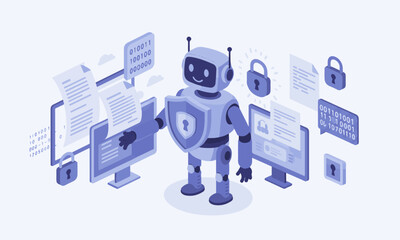 AI-Powered Cybersecurity Guardian Illustration. Illustration of an AI robot acting as a cybersecurity guardian, protecting computers and data with a shield and padlocks.